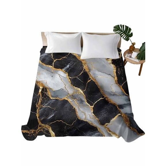 Queen Flat Sheet 90"x102", Marble Black Soft Lightweight Bedding Flat Sheets Only, Grey Granite Surface Luxury Gold Foil Brushed Microfiber Top Bed Sheet, Breathable StainResistant Bedsheets