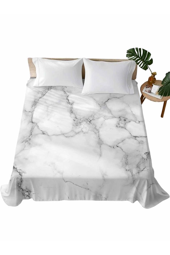 Queen Flat Sheet 90"x102", Marble Grey White Soft Lightweight Bedding Flat Sheets Only, Cracked Rock Greyscale Fake Stone Brushed Microfiber Top Bed Sheet, Breathable StainResistant Bedsheets