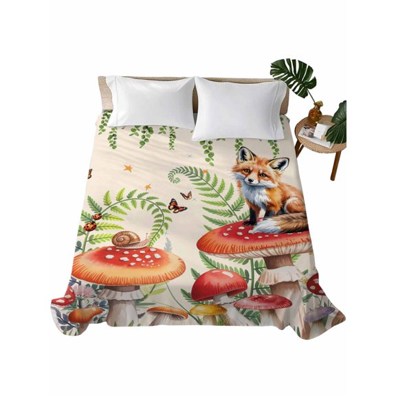 Queen Flat Sheet 90"x102", Mushroom Fox Soft Lightweight Bedding Flat Sheets Only, Green Leaf Butterfly Red Retro Plant Brushed Microfiber Top Bed Sheet, Breathable StainResistant Bedsheets