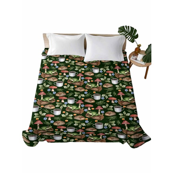 Queen Flat Sheet 90"x102", Mushroom Frog Soft Lightweight Bedding Flat Sheets Only, Coffee Bread Dark Green Background Brushed Microfiber Top Bed Sheet, Breathable StainResistant Bedsheets