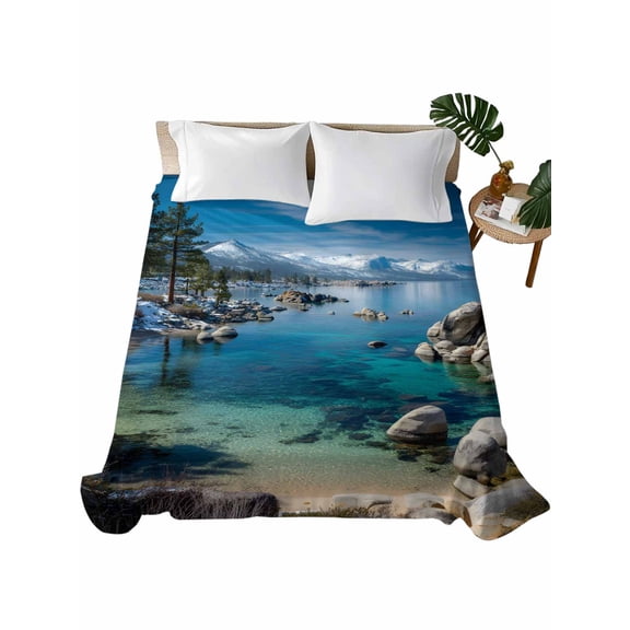 Queen Flat Sheet 90"x102", Nature Forest Soft Lightweight Bedding Flat Sheets Only, Blue Sky Mountain Stone Lake Landscape Brushed Microfiber Top Bed Sheet, Breathable StainResistant Bedsheets