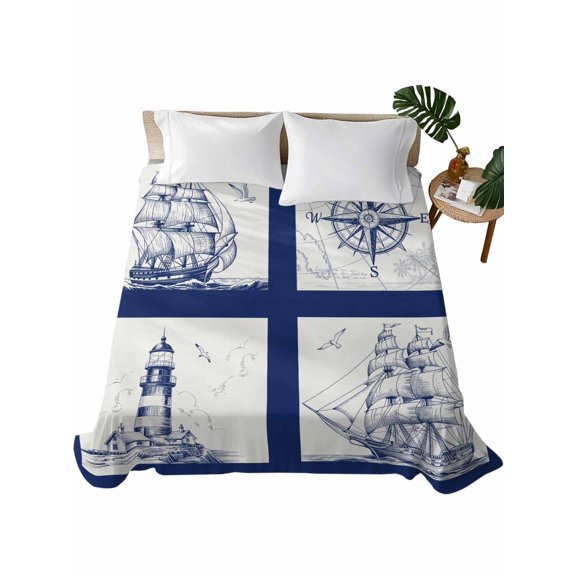 Queen Flat Sheet 90"x102", Nautical Navy Soft Lightweight Bedding Flat Sheets Only, Blue Lighthouse Boat Compass Ocean Brushed Microfiber Top Bed Sheet, Breathable StainResistant Bedsheets