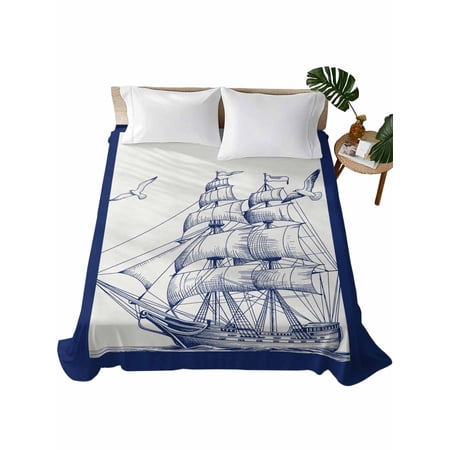 Queen Flat Sheet 90"x102", Nautical Ship Soft Lightweight Bedding Flat Sheets Only, Blue Coastal Ocean Birds Boat Vintage Brushed Microfiber Top Bed Sheet, Breathable StainResistant Bedsheets