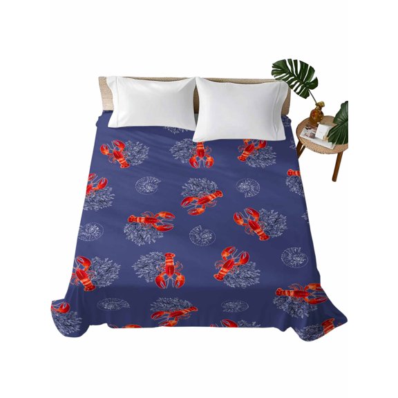 Queen Flat Sheet 90"x102", Navy Blue Coastal Soft Lightweight Bedding Flat Sheets Only, Red Lobster Nautical Ocean Brushed Microfiber Top Bed Sheet, Breathable StainResistant Bedsheets