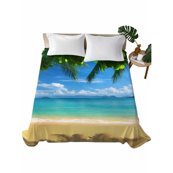 Queen Flat Sheet 90"x102", Ocean Beach Soft Lightweight Bedding Flat Sheets Only, Blue Sea Shoreline Coconut Coastal Palm Tree Brushed Microfiber Top Bed Sheet, Breathable StainResistant Bedsheets