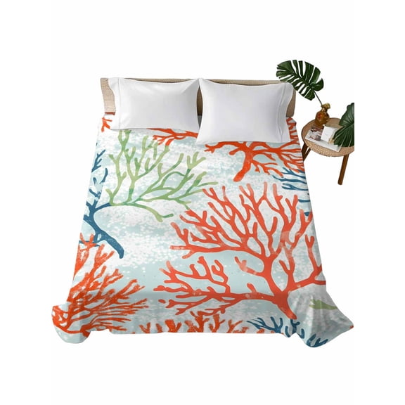 Queen Flat Sheet 90"x102", Ocean Coral Soft Lightweight Bedding Flat Sheets Only, Abstract Boho Gradient Coastal Polka Dots Brushed Microfiber Top Bed Sheet, Breathable StainResistant Bedsheets