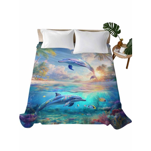 Queen Flat Sheet 90"x102", Ocean Dolphins Soft Lightweight Bedding Flat Sheets Only, Summer Coral Coconut Trees Tropical Fish Brushed Microfiber Top Bed Sheet, Breathable StainResistant Bedsheets