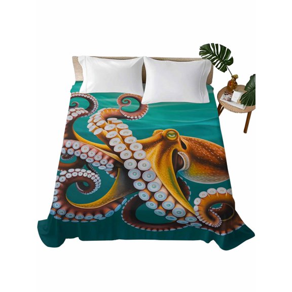 Queen Flat Sheet 90"x102", Octopus Coastal Soft Lightweight Bedding Flat Sheets Only, Brown Teal Nautical Summer Ocean Brushed Microfiber Top Bed Sheet, Breathable StainResistant Bedsheets