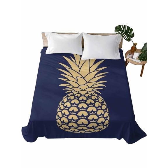Queen Flat Sheet 90"x102", Pineapple Soft Lightweight Bedding Flat Sheets Only, Gold Yellow Navy Blue Tropical Fruit Summer Brushed Microfiber Top Bed Sheet, Breathable StainResistant Bedsheets