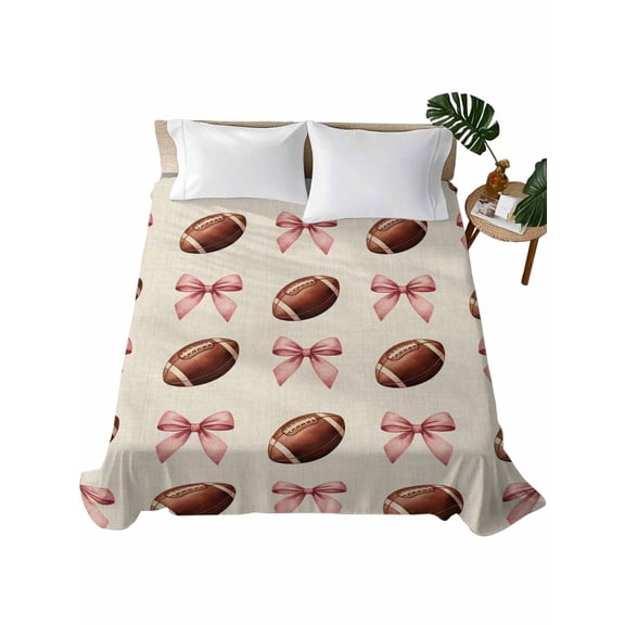 Queen Flat Sheet 90"x102", Pink Bow Football Soft Lightweight Bedding Flat Sheets Only, Modern Game Balls Retro Burlap Brushed Microfiber Top Bed Sheet, Breathable StainResistant Bedsheets