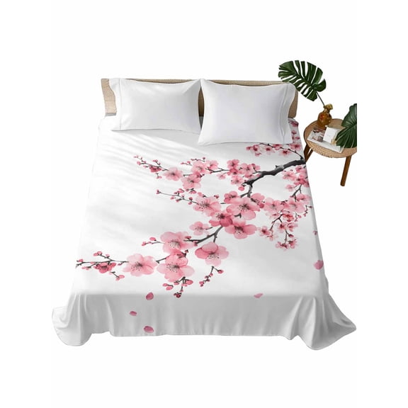 Queen Flat Sheet 90"x102", Pink Flower Soft Lightweight Bedding Flat Sheets Only, Spring Summer Botanical Floral Branches Brushed Microfiber Top Bed Sheet, Breathable StainResistant Bedsheets