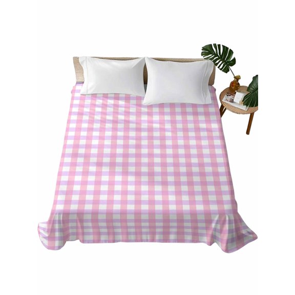 Queen Flat Sheet 90"x102", Pink Grid Soft Lightweight Bedding Flat Sheets Only, Checkered Plaid Gingham Lattice Trellis Print Brushed Microfiber Top Bed Sheet, Breathable StainResistant Bedsheets