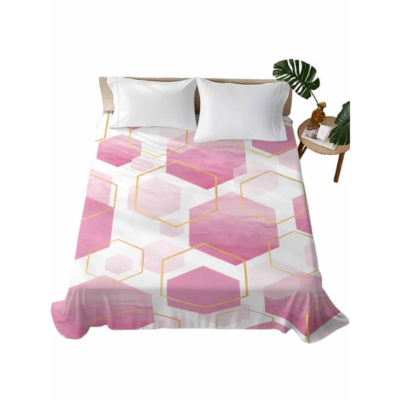 Queen Flat Sheet 90"x102", Pink Marble Soft Lightweight Bedding Flat Sheets Only, Gold White Geometric Hexagon Modern Brushed Microfiber Top Bed Sheet, Breathable StainResistant Bedsheets