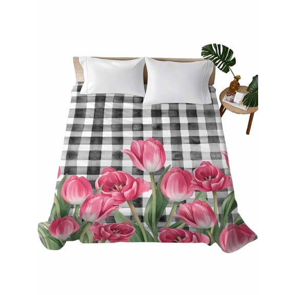 Queen Flat Sheet 90"x102", Pink Tulip Flowers Soft Lightweight Bedding Flat Sheets Only, Black Buffalo Plaid Spring Floral Plants Brushed Microfiber Top Bed Sheet, Breathable StainResistant Bedsheets
