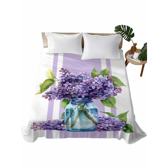 Queen Flat Sheet 90"x102", Purple Hydrangeas Soft Lightweight Bedding Flat Sheets Only, Farmhouse Purple Stripe Linen Brushed Microfiber Top Bed Sheet, Breathable StainResistant Bedsheets
