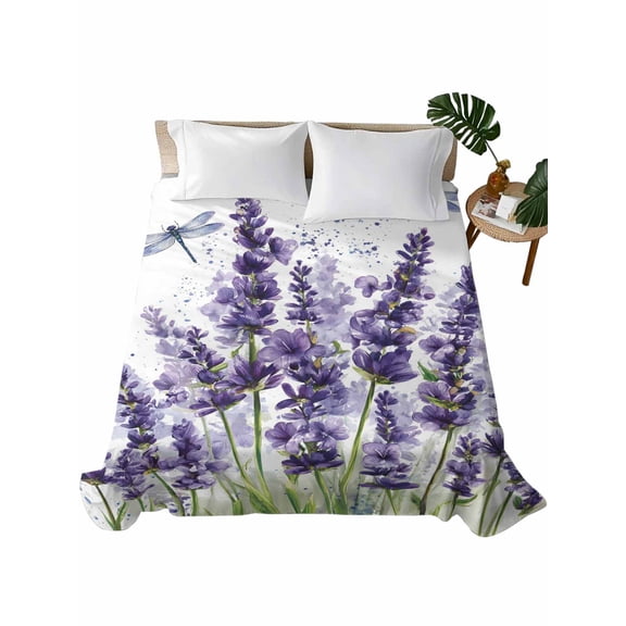 Queen Flat Sheet 90"x102", Purple Lavender Soft Lightweight Bedding Flat Sheets Only, Pastoral Botanical Floral Dragonfly Brushed Microfiber Top Bed Sheet, Breathable StainResistant Bedsheets