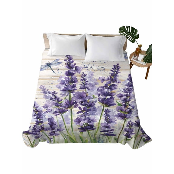 Queen Flat Sheet 90"x102", Purple Lavender Soft Lightweight Bedding Flat Sheets Only, Summer Watercolor Dragonfly Wooden Grain Brushed Microfiber Top Bed Sheet, Breathable StainResistant Bedsheets