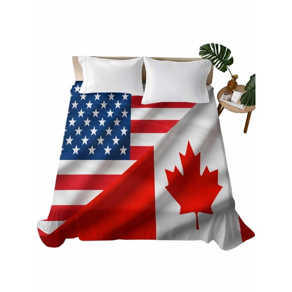 Queen Flat Sheet 90"x102", Red Blue American Flag Soft Lightweight Bedding Flat Sheets Only, Modern Maple Leaf Brushed Microfiber Top Bed Sheet, Breathable StainResistant Bedsheets
