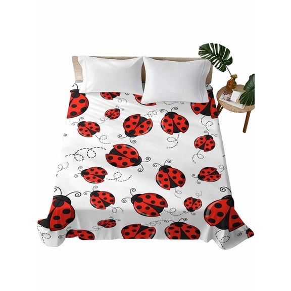Queen Flat Sheet 90"x102", Red Ladybugs Soft Lightweight Bedding Flat Sheets Only, Animal Themed Spring Summer Rustic Brushed Microfiber Top Bed Sheet, Breathable StainResistant Bedsheets