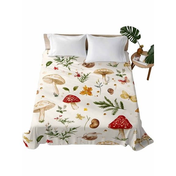 Queen Flat Sheet 90"x102", Red White Mushroom Soft Lightweight Bedding Flat Sheets Only, Spring Summer Floral Botanical Brushed Microfiber Top Bed Sheet, Breathable StainResistant Bedsheets