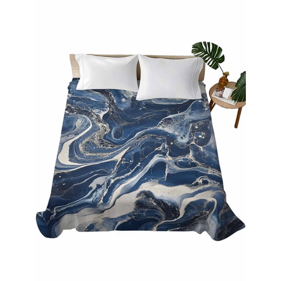 Queen Flat Sheet 90"x102", Retro Navy Blue White Soft Lightweight Bedding Flat Sheets Only, Marble Abstract Art Brushed Microfiber Top Bed Sheet, Breathable StainResistant Bedsheets