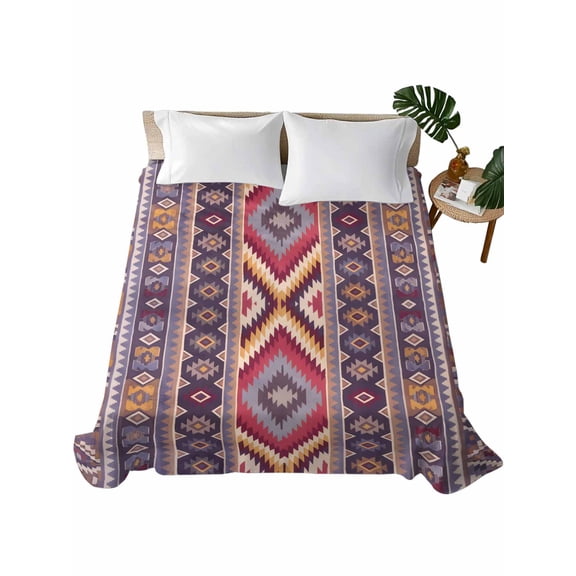 Queen Flat Sheet 90"x102", Southwest Aztec Soft Lightweight Bedding Flat Sheets Only, Country Retro Ethnic Geometric Motifs Brushed Microfiber Top Bed Sheet, Breathable StainResistant Bedsheets
