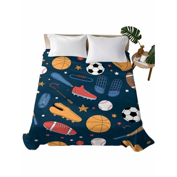 Queen Flat Sheet 90"x102", Sports Theme Soft Lightweight Bedding Flat Sheets Only, Cartoon Soccer Baseball Basketball Star Blue Brushed Microfiber Top Bed Sheet, Breathable StainResistant Bedsheets