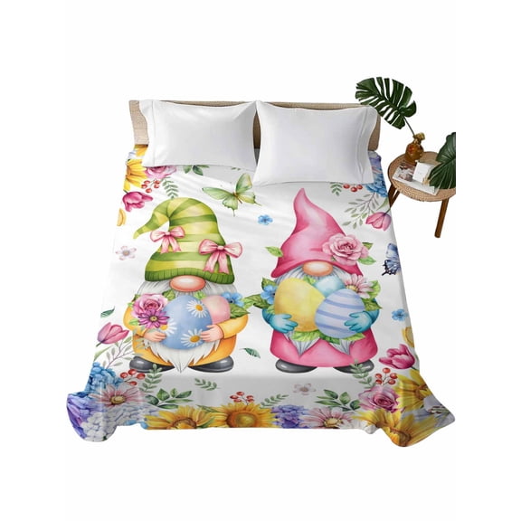 Queen Flat Sheet 90"x102", Spring Easter Soft Lightweight Bedding Flat Sheets Only, Watercolor Eggs Gnomes Floral Butterflies Plants Brushed Microfiber Top Bed Sheet, Breathable Bedsheets