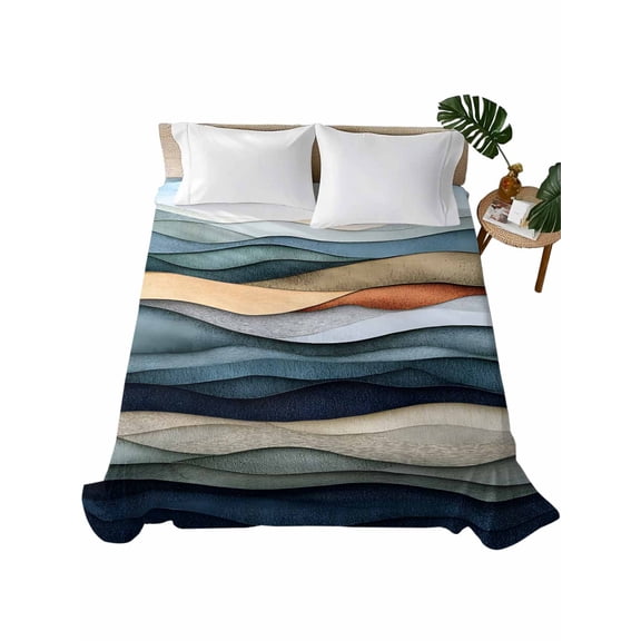 Queen Flat Sheet 90"x102", Summer Coastal Soft Lightweight Bedding Flat Sheets Only, Modern Abstract Watercolor Wave Brushed Microfiber Top Bed Sheet, Breathable StainResistant Bedsheets
