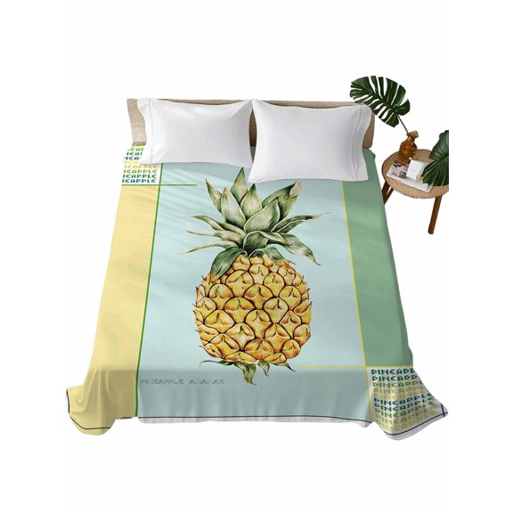Queen Flat Sheet 90"x102", Summer Pineapple Soft Lightweight Bedding Flat Sheets Only, Yellow Blue Green Striped Geometric Brushed Microfiber Top Bed Sheet, Breathable StainResistant Bedsheets
