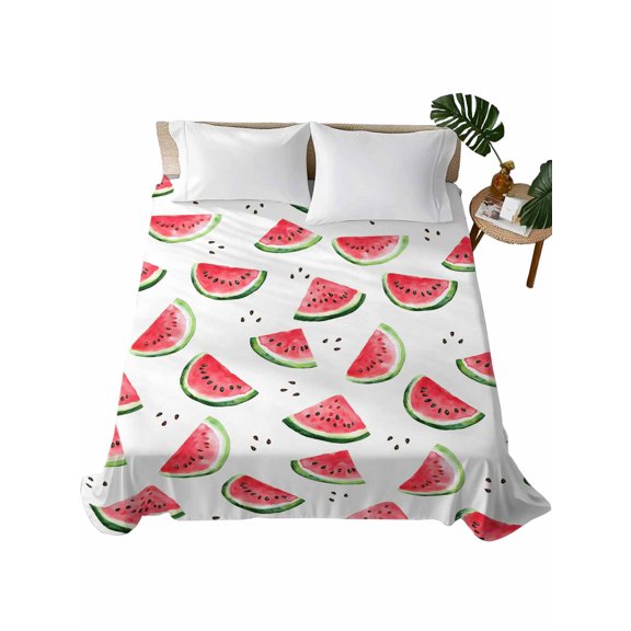 Queen Flat Sheet 90"x102", Summer Watermelon Soft Lightweight Bedding Flat Sheets Only, Modern Tropical Fruit Watercolor Brushed Microfiber Top Bed Sheet, Breathable StainResistant Bedsheets
