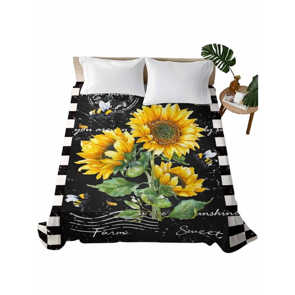 Queen Flat Sheet 90"x102", Sunflower Black Soft Lightweight Bedding Flat Sheets Only, Vintage Farm Bee Black White Plaid Brushed Microfiber Top Bed Sheet, Breathable StainResistant Bedsheets