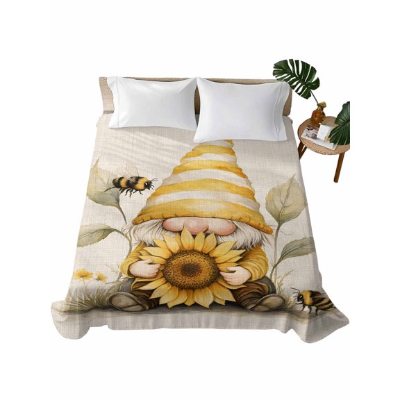 Queen Flat Sheet 90"x102", Sunflower Retro Soft Lightweight Bedding Flat Sheets Only, Yellow Gnomes Bee Beige Vintage Art Brushed Microfiber Top Bed Sheet, Breathable StainResistant Bedsheets