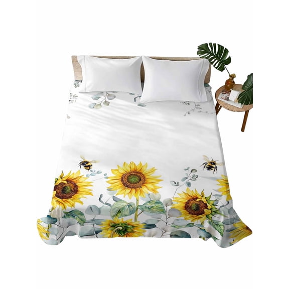 Queen Flat Sheet 90"x102", Sunflower Soft Lightweight Bedding Flat Sheets Only, Sage Green Summer Botanical Eucalyptus Farmhouse Bee Brushed Microfiber Top Bed Sheet, Breathable Bedsheets