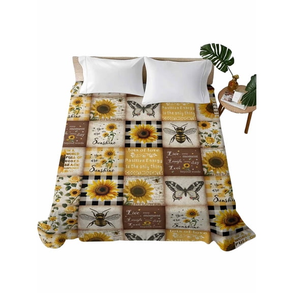 Queen Flat Sheet 90"x102", Sunflowers Soft Lightweight Bedding Flat Sheets Only, Retro Country Butterfly Bee Floral Plaid Brushed Microfiber Top Bed Sheet, Breathable StainResistant Bedsheets