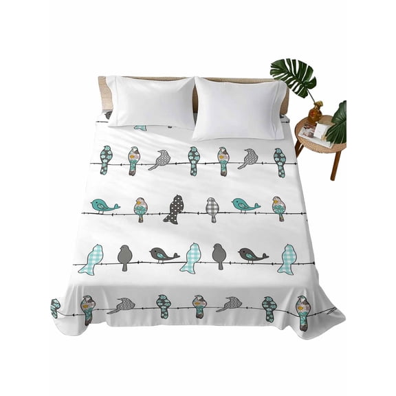 Queen Flat Sheet 90"x102", Teal Grey Plaid Polka Dots Birds Soft Lightweight Bedding Flat Sheets Only, Turquoise Spring Floral Brushed Microfiber Top Bed Sheet, Breathable StainResistant Bedsheets