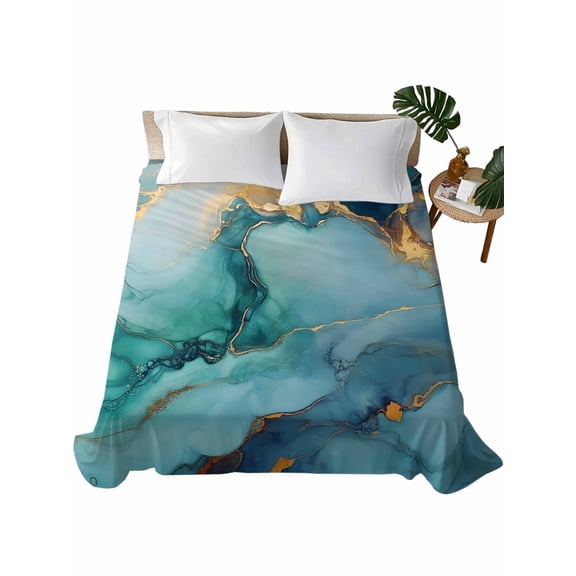 Queen Flat Sheet 90"x102", Teal Marble Soft Lightweight Bedding Flat Sheets Only, Impressionist Ink Painted Abstract Brushed Microfiber Top Bed Sheet, Breathable StainResistant Bedsheets