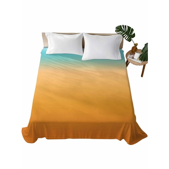 Queen Flat Sheet 90"x102", Teal Orange Ombre Soft Lightweight Bedding Flat Sheets Only, Modern Geometric Striped Abstract Art Brushed Microfiber Top Bed Sheet, Breathable StainResistant Bedsheets