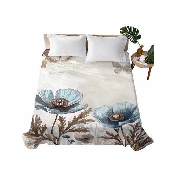 Queen Flat Sheet 90"x102", Teal Tulip Soft Lightweight Bedding Flat Sheets Only, Vintage Spring Floral Summer Botanical Brown Brushed Microfiber Top Bed Sheet, Breathable StainResistant Bedsheets