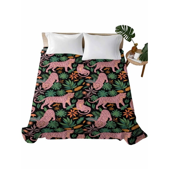 Queen Flat Sheet 90"x102", Tiger Leaves Soft Lightweight Bedding Flat Sheets Only, Vintage Farmhouse Watercolor Animals Plants Brushed Microfiber Top Bed Sheet, Breathable StainResistant Bedsheets