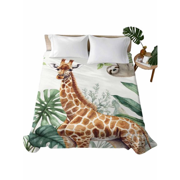 Queen Flat Sheet 90"x102", Tropical Giraffe Sloth Soft Lightweight Bedding Flat Sheets Only, Watercolor Summer Palm Leaf Brushed Microfiber Top Bed Sheet, Breathable StainResistant Bedsheets