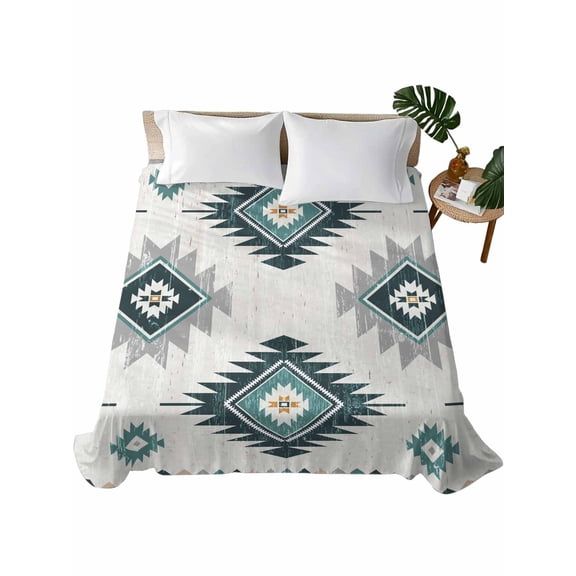 Queen Flat Sheet 90"x102", Turquoise Aztec Soft Lightweight Bedding Flat Sheets Only, Bohemian Southwest Neutral Aesthetic Brushed Microfiber Top Bed Sheet, Breathable StainResistant Bedsheets