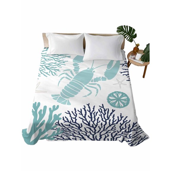 Queen Flat Sheet 90"x102", Turquoise Coastal Soft Lightweight Bedding Flat Sheets Only, Summer Lobster Coral Nautical Brushed Microfiber Top Bed Sheet, Breathable StainResistant Bedsheets