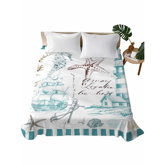 Queen Flat Sheet 90"x102", Turquoise Ocean Soft Lightweight Bedding Flat Sheets Only, Coastal Nautical Lighthouse Starfish Brushed Microfiber Top Bed Sheet, Breathable StainResistant Bedsheets