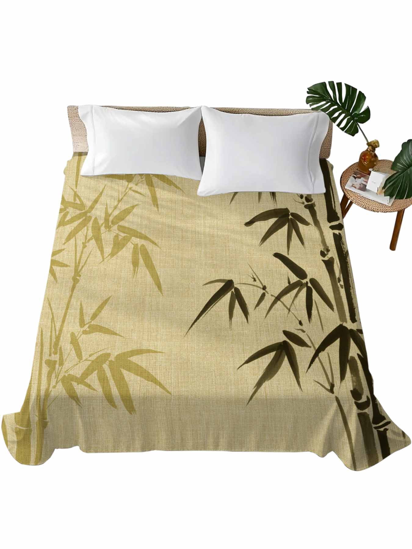 Queen Flat Sheet 90"x102", Vintage Bamboos Soft Lightweight Bedding Flat Sheets Only, Ink Painting Retro Art Rustic Brushed Microfiber Top Bed Sheet, Breathable StainResistant Bedsheets