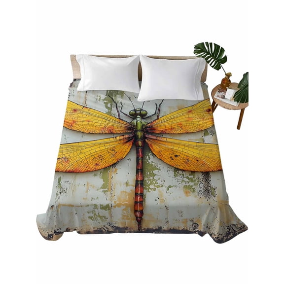 Queen Flat Sheet 90"x102", Vintage Dragonfly Soft Lightweight Bedding Flat Sheets Only, Spring Summer Abstract Oil Painting Brushed Microfiber Top Bed Sheet, Breathable StainResistant Bedsheets