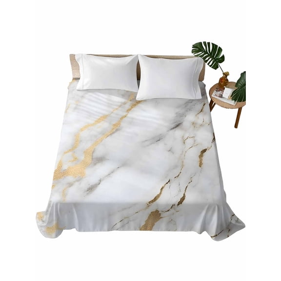 Queen Flat Sheet 90"x102", White Gold Marble Soft Lightweight Bedding Flat Sheets Only, Abstract Simple Geometric Brushed Microfiber Top Bed Sheet, Breathable StainResistant Bedsheets