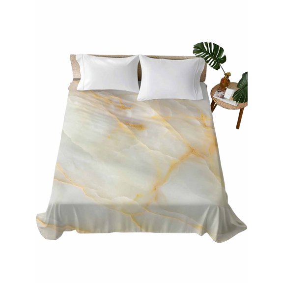Queen Flat Sheet 90"x102", White Golden Marble Soft Lightweight Bedding Flat Sheets Only, Abstract Modern Art Marble Cracks Brushed Microfiber Top Bed Sheet, Breathable StainResistant Bedsheets
