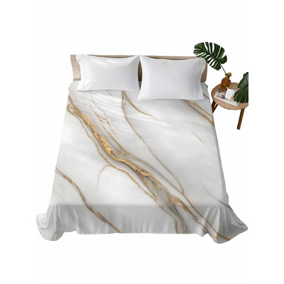 Queen Flat Sheet 90"x102", White Golden Marble Soft Lightweight Bedding Flat Sheets Only, Modern Abstract Art Marble Crack Brushed Microfiber Top Bed Sheet, Breathable StainResistant Bedsheets