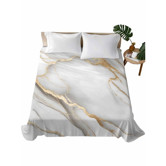 Queen Flat Sheet 90"x102", White Golden Marble Soft Lightweight Bedding Flat Sheets Only, Modern Abstract Art Marble Flow Brushed Microfiber Top Bed Sheet, Breathable StainResistant Bedsheets